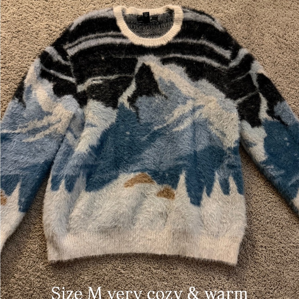 Forever 21 Men's Mountain Crewneck Sweater - Black, Blue, Cream